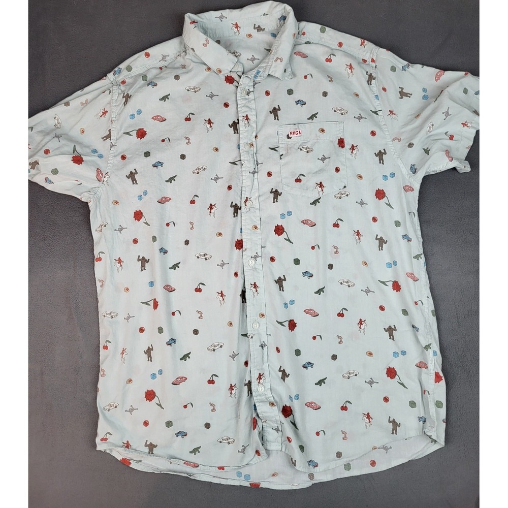 RVCA Button Up Shirt Kids Small‎ Blue AOP Rose Toys Camp Lightweight Outdoor